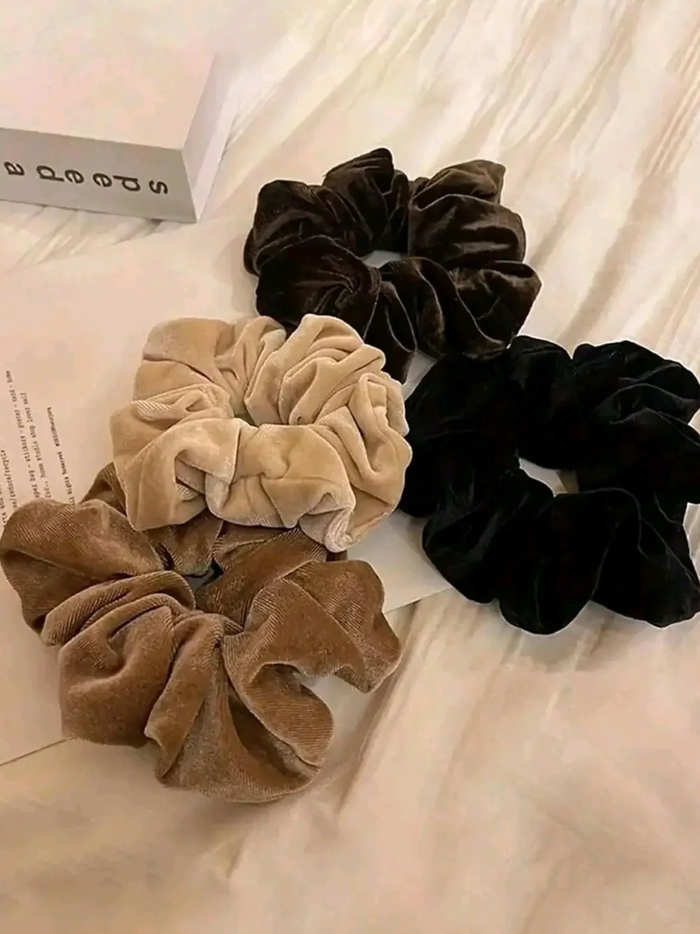 Velvet Oversized Scrunchie Set Of 4- Black and Neutral Browns